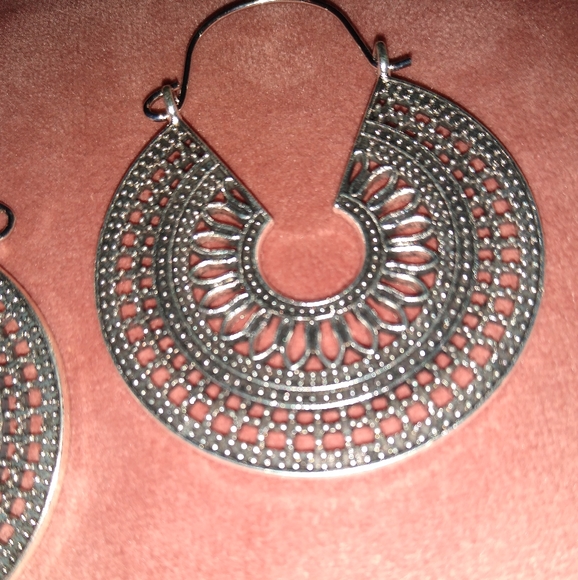 Mandala Silver Filigree CutOut Metal Lace Hoop Earrings Big Hoops Bohemian New - Picture 5 of 10
